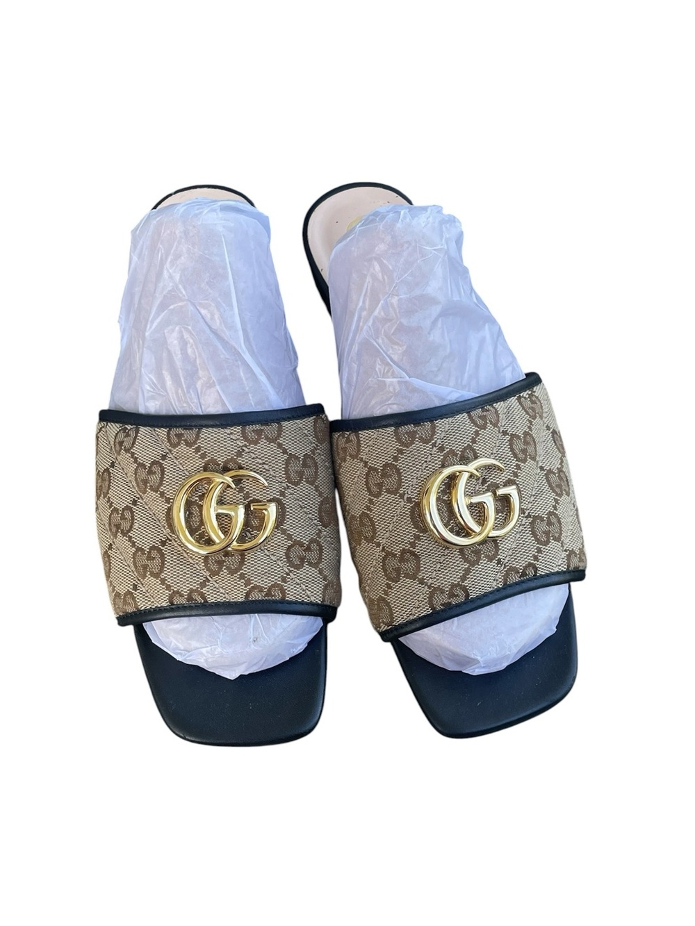 Gucci Monogram matelassé Diagonal Slide Sandals, COA, AUTHENTIC, Size 38, Size 8